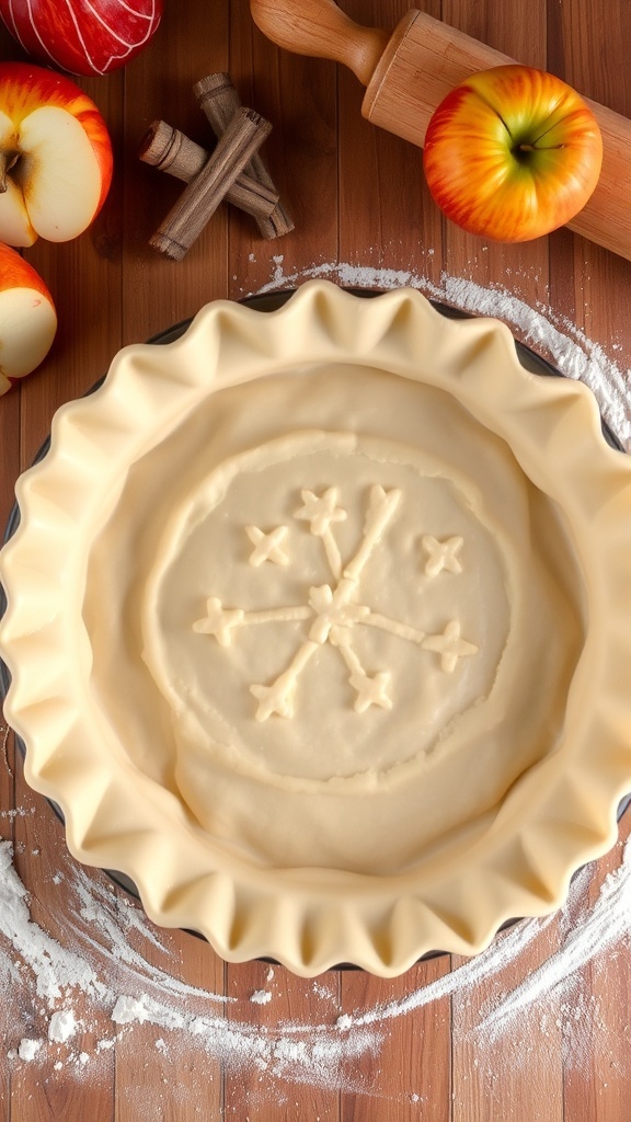 A golden-brown pie crust in a dish, ready for filling, with fresh apples and spices around it.